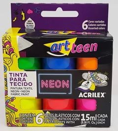 TINTA P/ TECIDO FLUO C/6 CORES NEON 15ML
