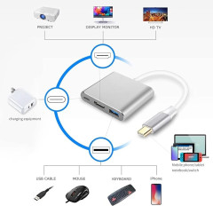 ADAPTADOR HUB PRATA TIPO C / USB / HDMI